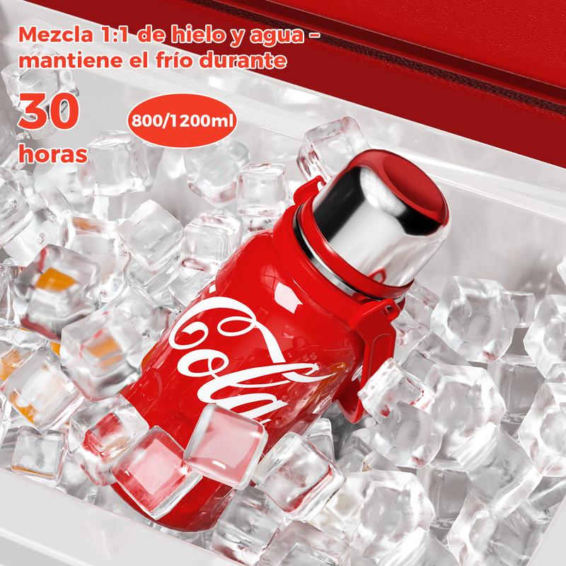 Coca-Cola Termo para Camping, Botella Térmica Portátil de 40oz con Correa y Asa, Termo Aislante de Viaje de Acero Inoxidable 316, Botella para Agua Mantiene el Frío hasta 72 Horas o el Calor hasta 48 Horas, 100% A Prueba de